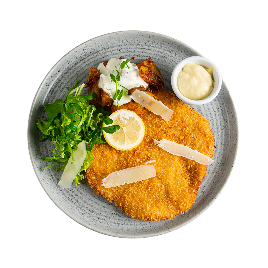  Deep Fried Chicken with parmesan, potato wedges, mix lettuce and spicy mayo